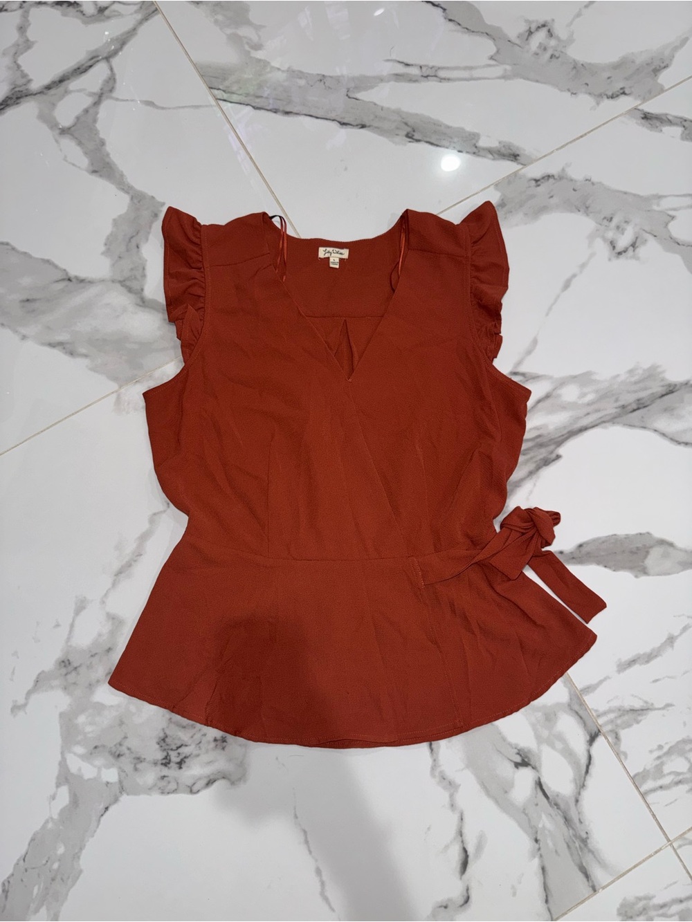 Lily White Rust Flutter Sleeve Wrap Waist Peplum Top